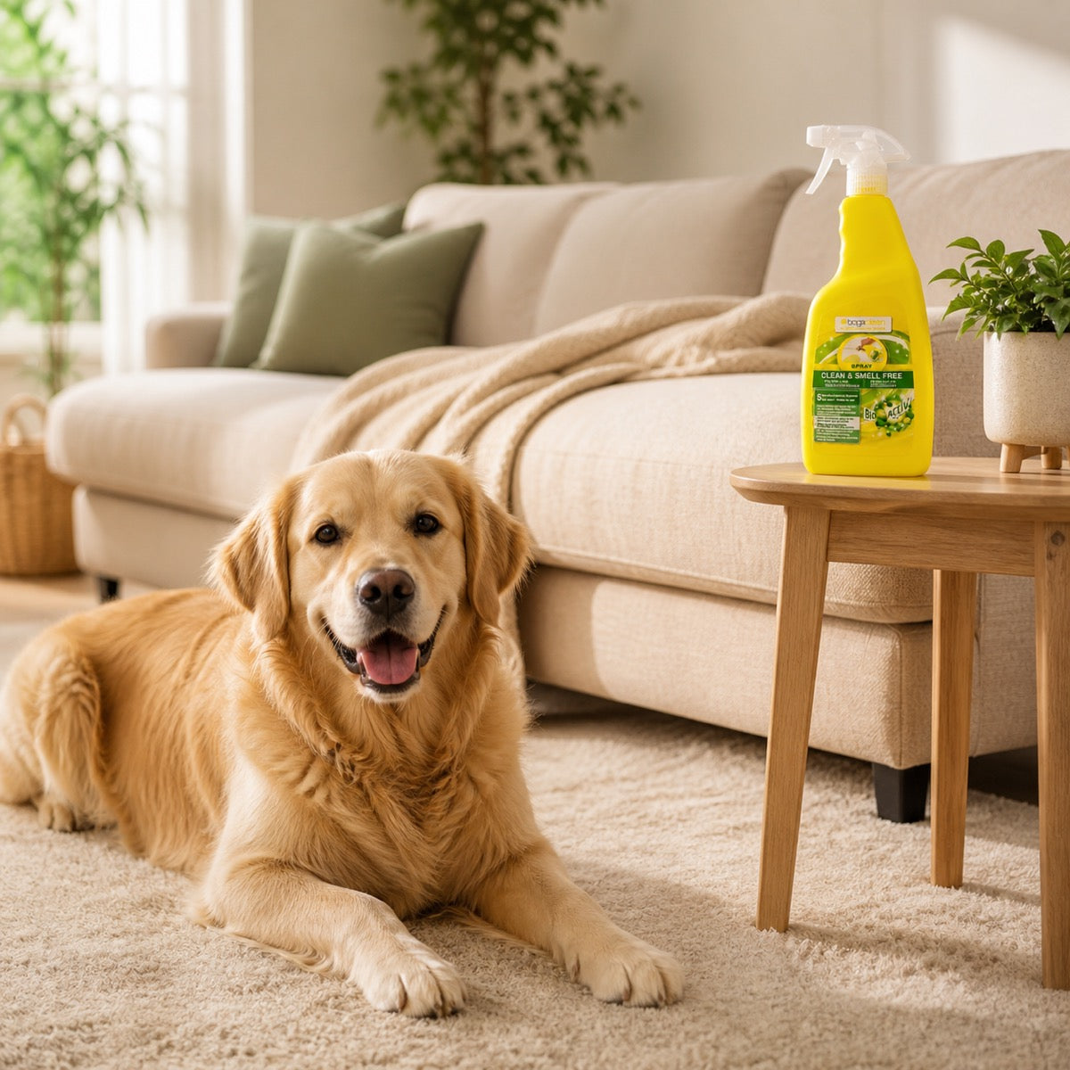 Spray BogaClean Clean & Smell Free dans un salon avec un chien senior détendu