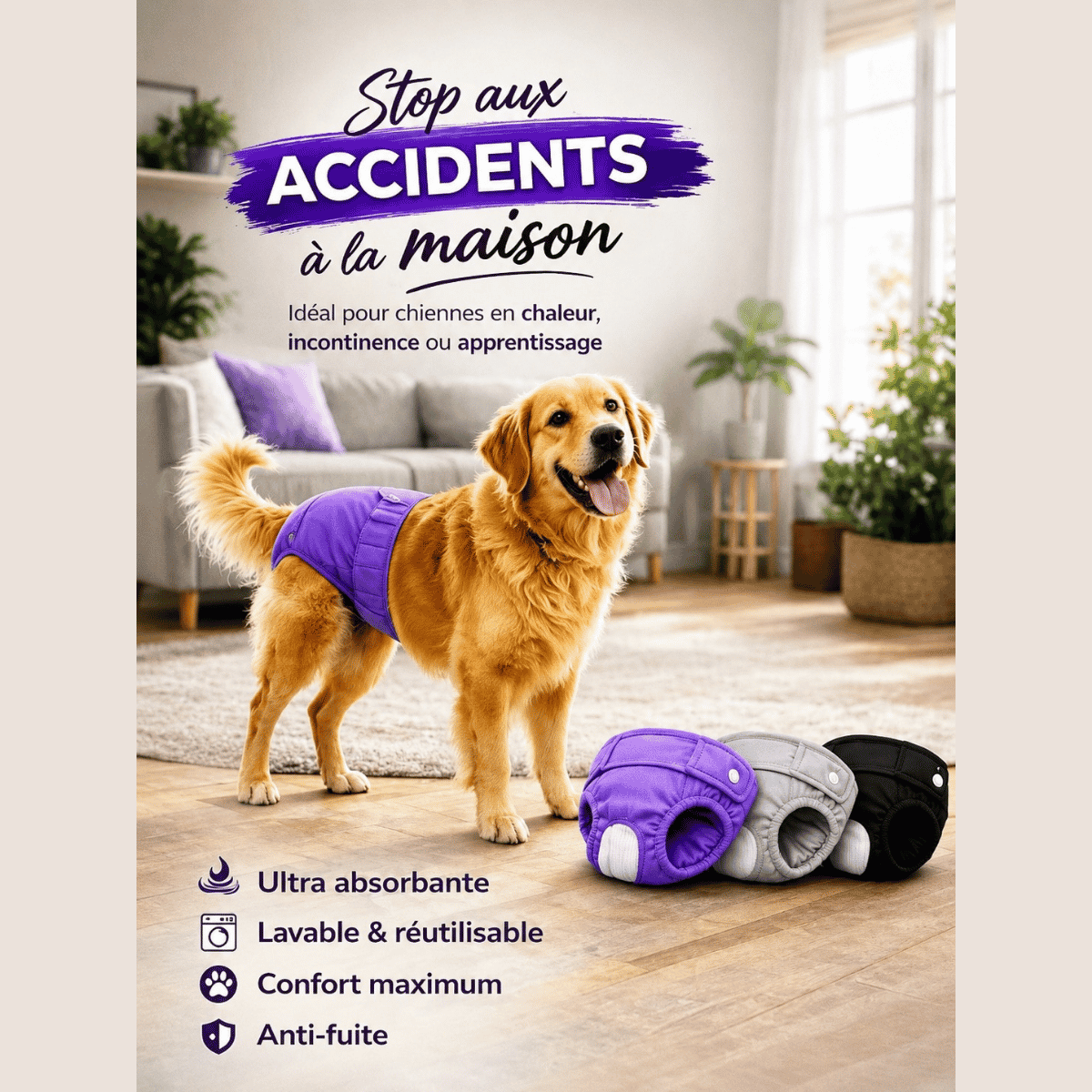 Chienne portant une couche lavable anti-fuite pour chaleurs et incontinence
