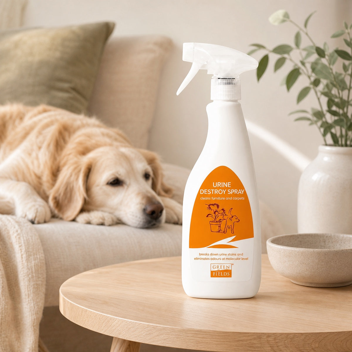 Spray anti-odeur urine chien Greenfields dans un salon chaleureux avec chien senior