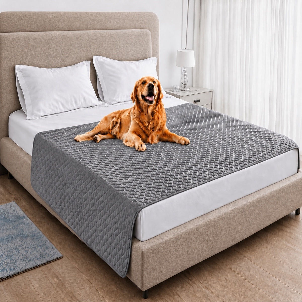 Tapis imperméable gris pour chien senior sur un lit