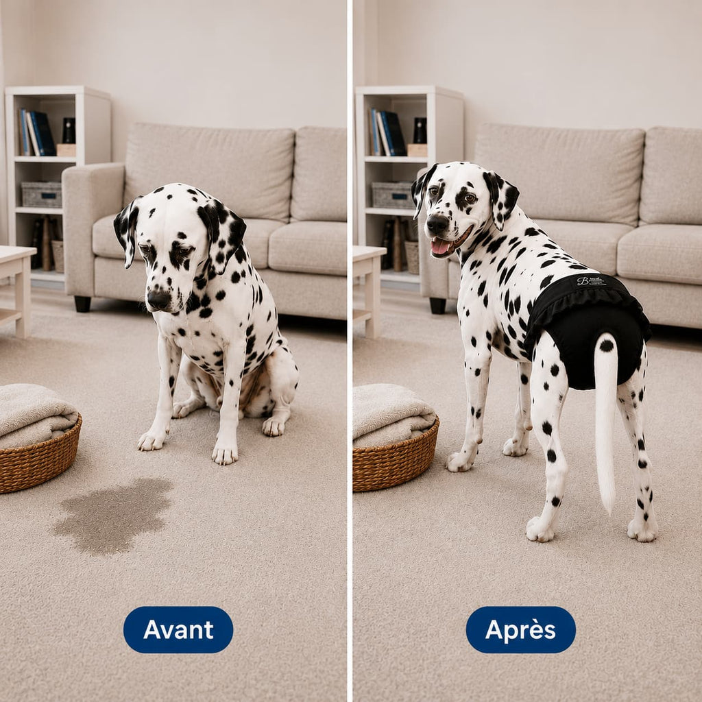 chien avec culotte lavable avant après anti fuite solution incontinence chien femelle