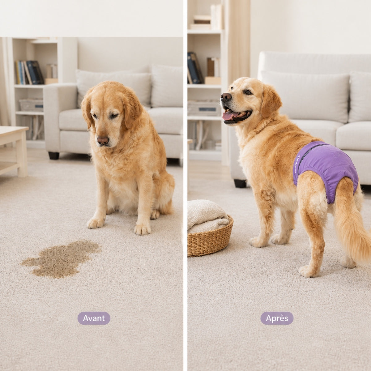 Avant et après : culotte lavable anti-fuite pour chienne