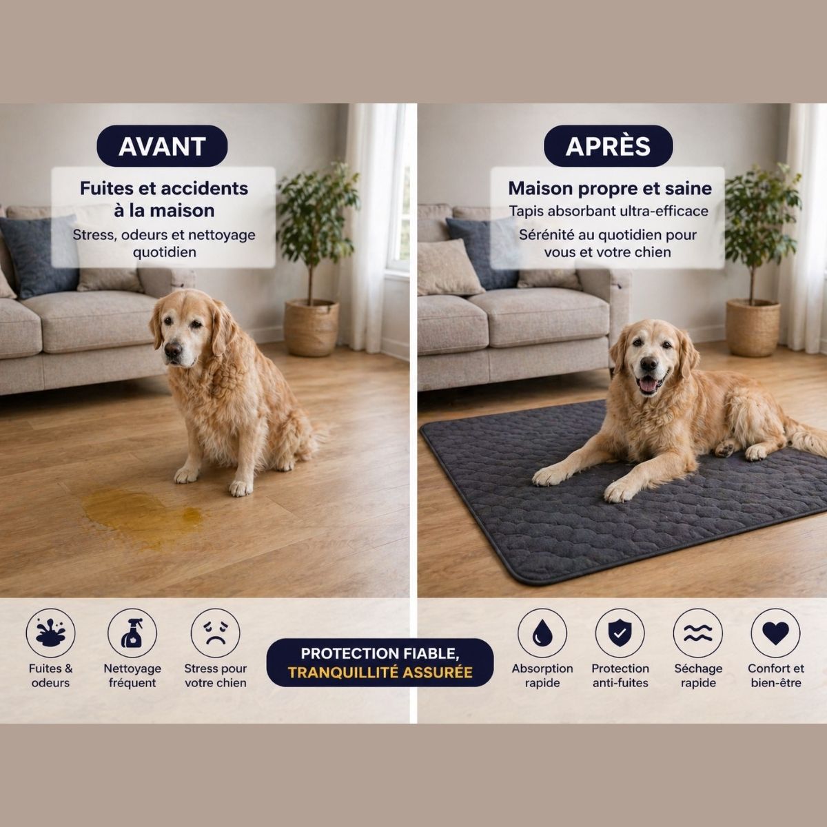 Avant après tapis absorbant chien montrant fuite d’urine au sol puis maison propre avec tapis absorbant anti fuite