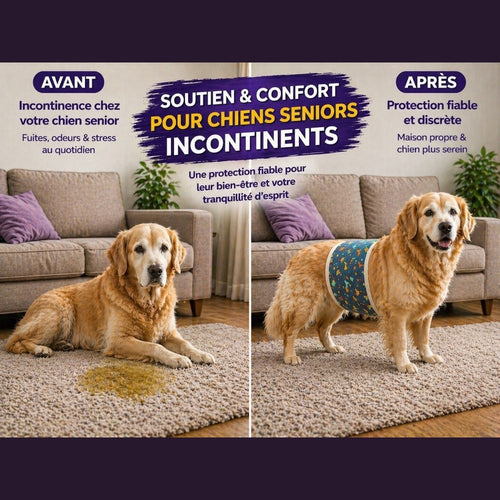 Avant après bandeau mâle chien senior incontinent montrant fuite urinaire puis protection absorbante gardant la maison propre
