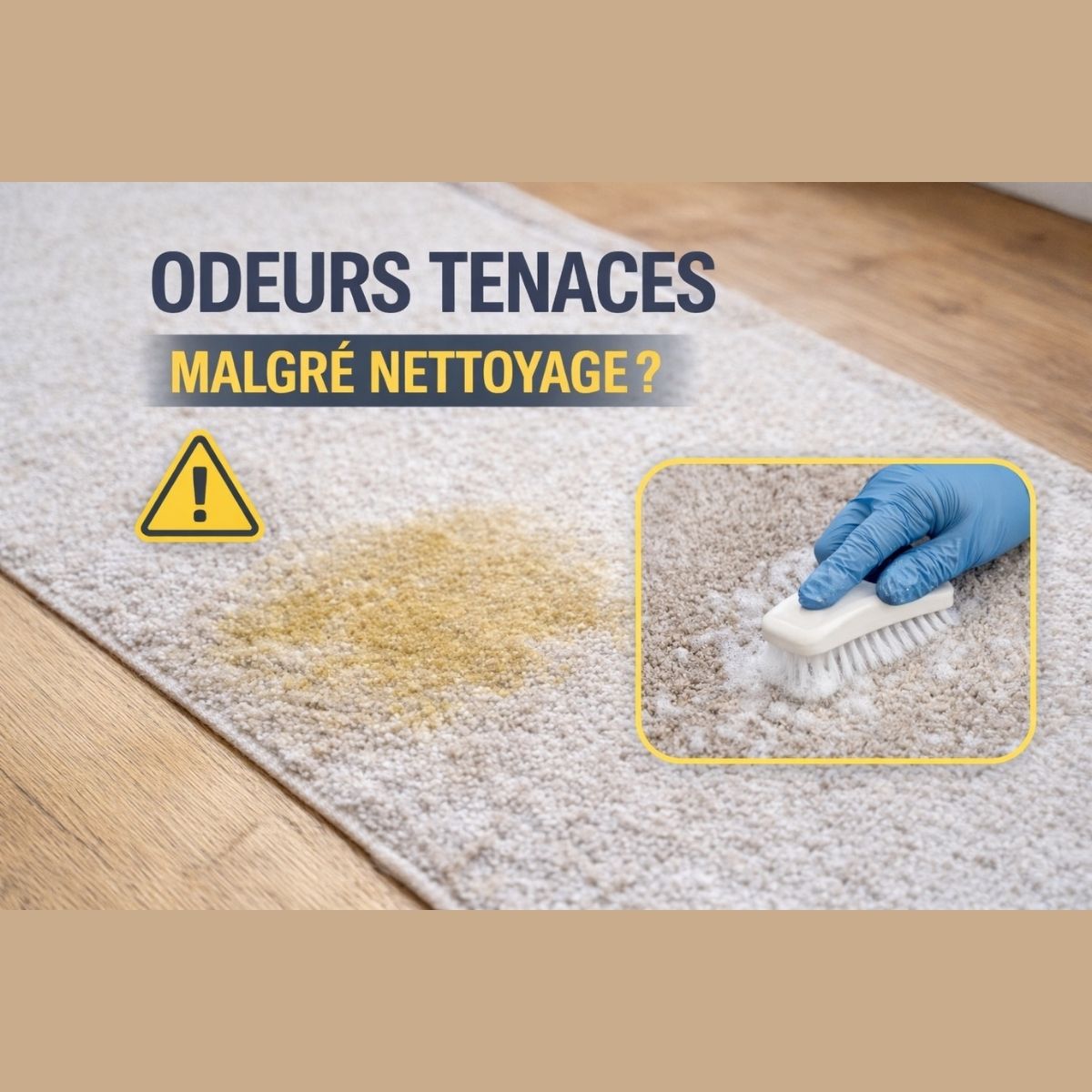 tache d’urine sur tapis avec odeurs persistantes malgré nettoyage, démonstration du problème avant traitement anti-odeurs pour chien