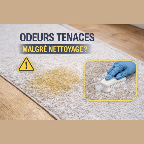 tache d’urine sur tapis avec odeurs persistantes malgré nettoyage, démonstration du problème avant traitement anti-odeurs pour chien