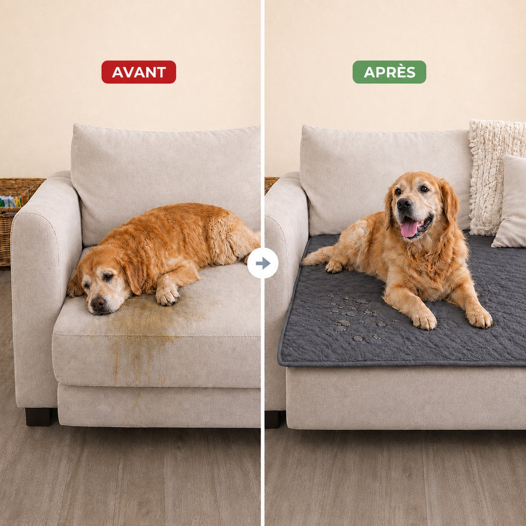 avant après tapis imperméable chien senior protection canapé anti fuite premium