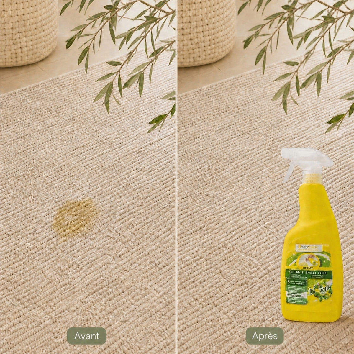 Avant après d’une tache sur tapis avec le spray anti-odeurs BogaClean