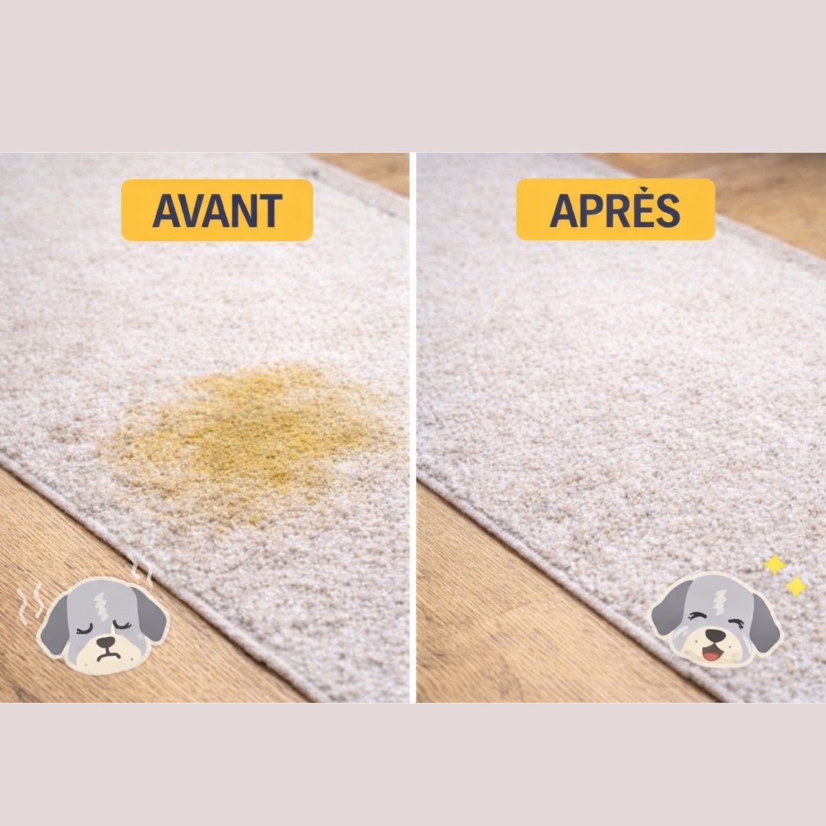 Avant après nettoyage urine de chien sur tapis, élimination des taches et odeurs avec spray anti-odeur efficace