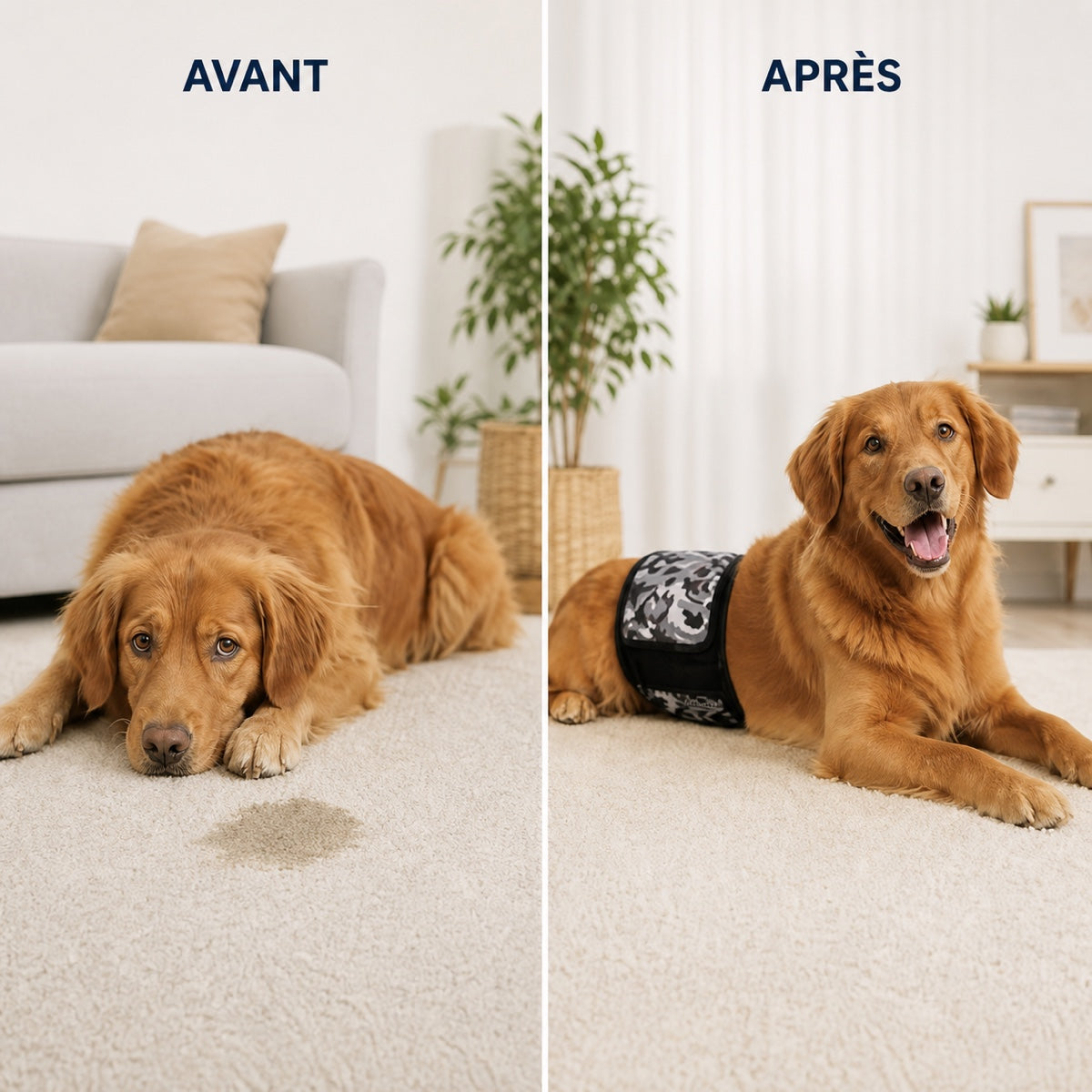 Avant et après avec la bande ventrale JustinCase lavable pour chien mâle