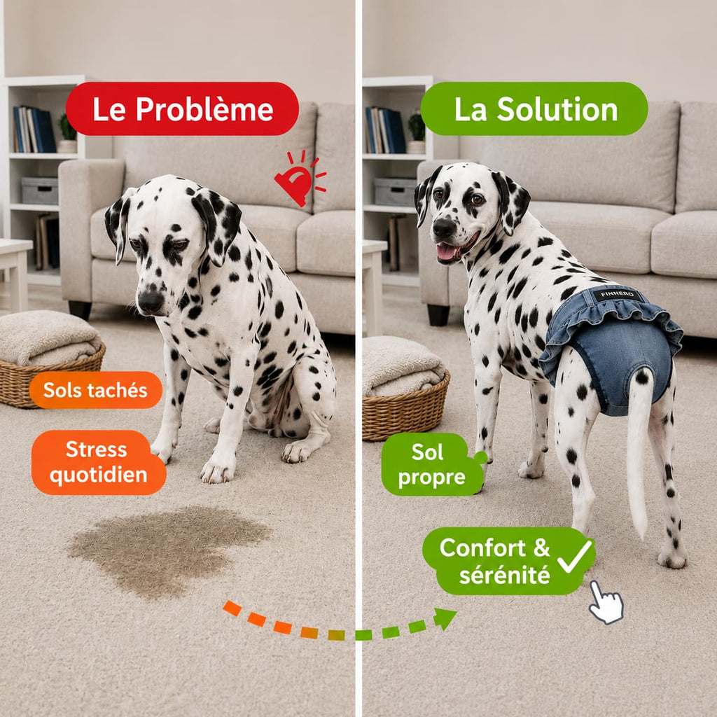 Le problème : accidents à la maison. La solution : une culotte lavable anti-fuite pour chien. 