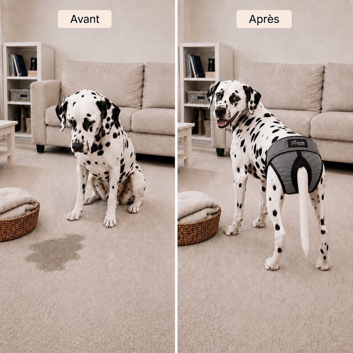 Avant et après avec la culotte Brenda lavable pour chienne