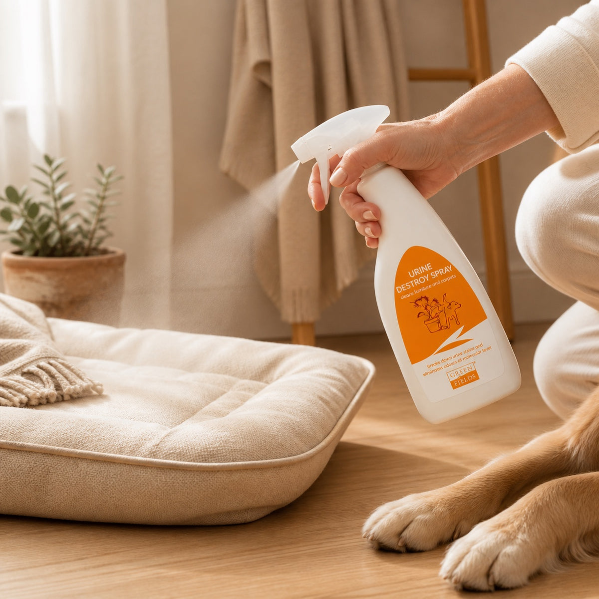 Utilisation du spray anti-odeur urine chien Greenfields sur couchage pour chien