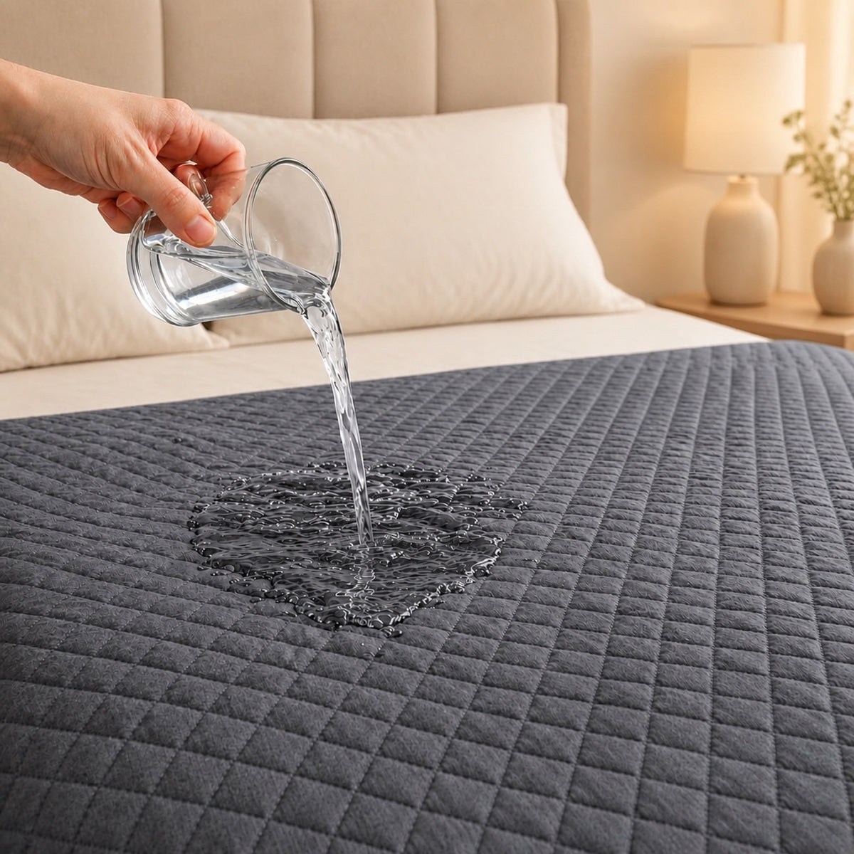 Test d’eau sur tapis imperméable gris pour chien
