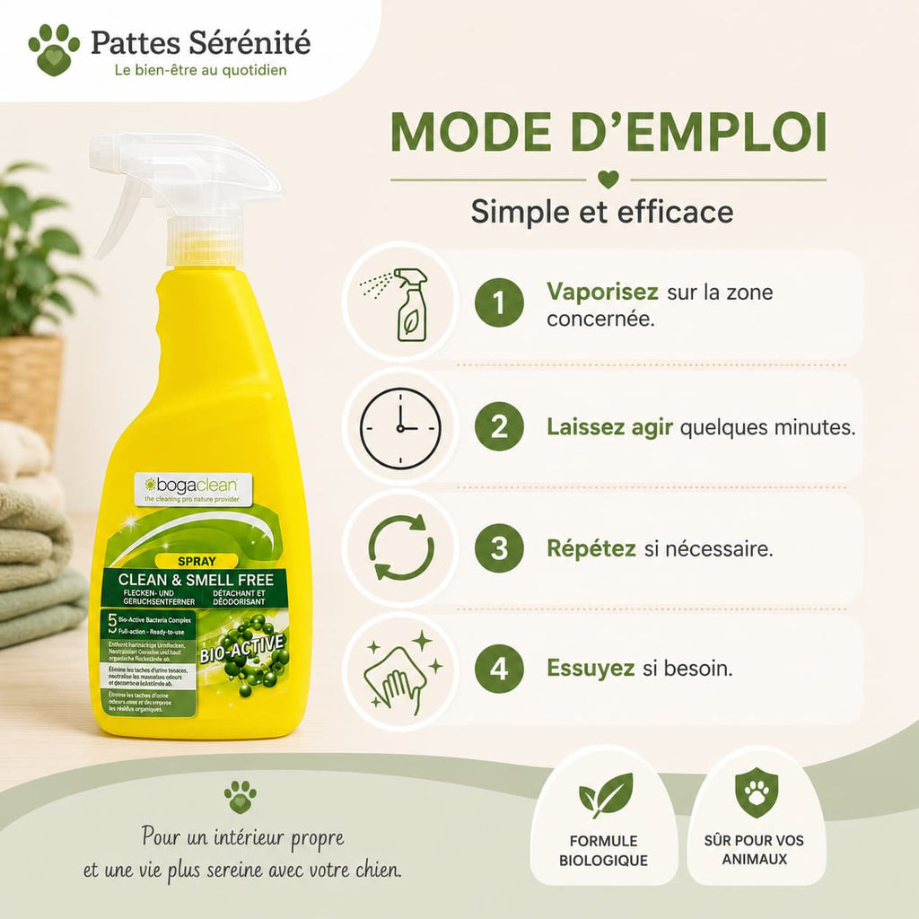 Mode d’emploi du spray anti-odeur BogaClean pour éliminer les taches et les mauvaises odeurs.