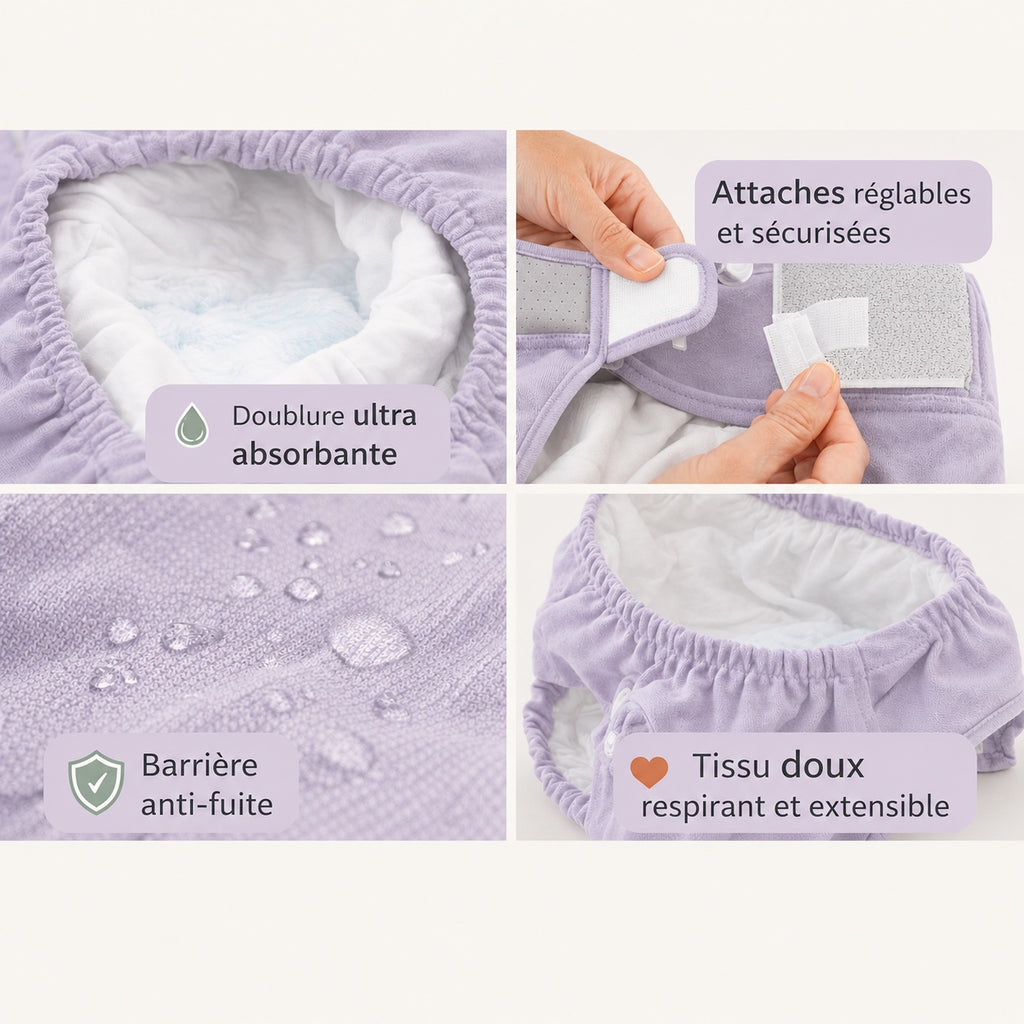 Culotte lavable pour chienne : doublure absorbante, attaches réglables et barrière anti-fuite