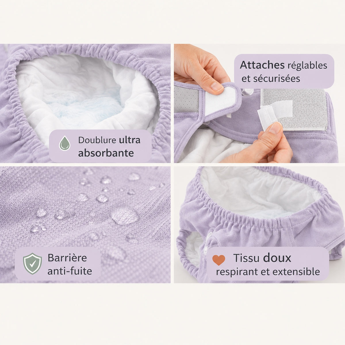 Culotte lavable pour chienne : doublure absorbante, attaches réglables et barrière anti-fuite