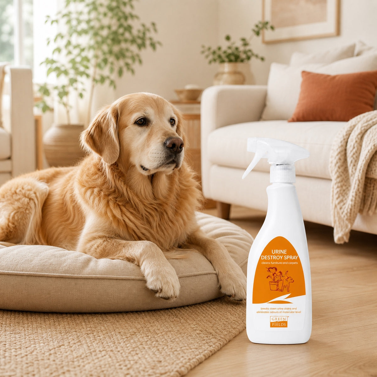 Spray anti-odeur urine chien Greenfields dans une maison propre avec chien senior
