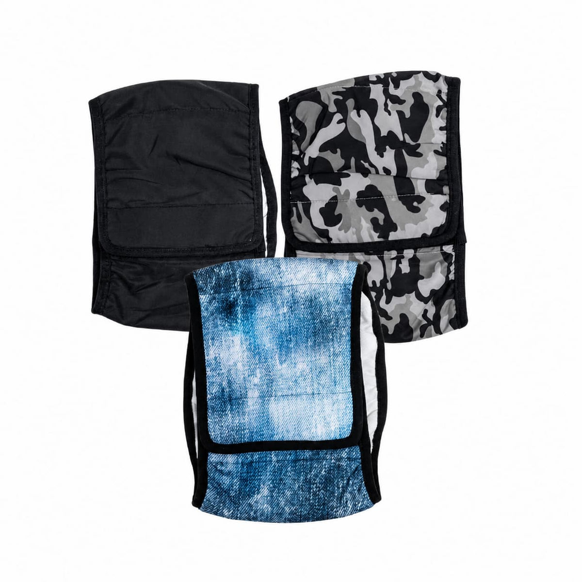Bande ventrale JustinCase disponible en noir, camouflage et denim.