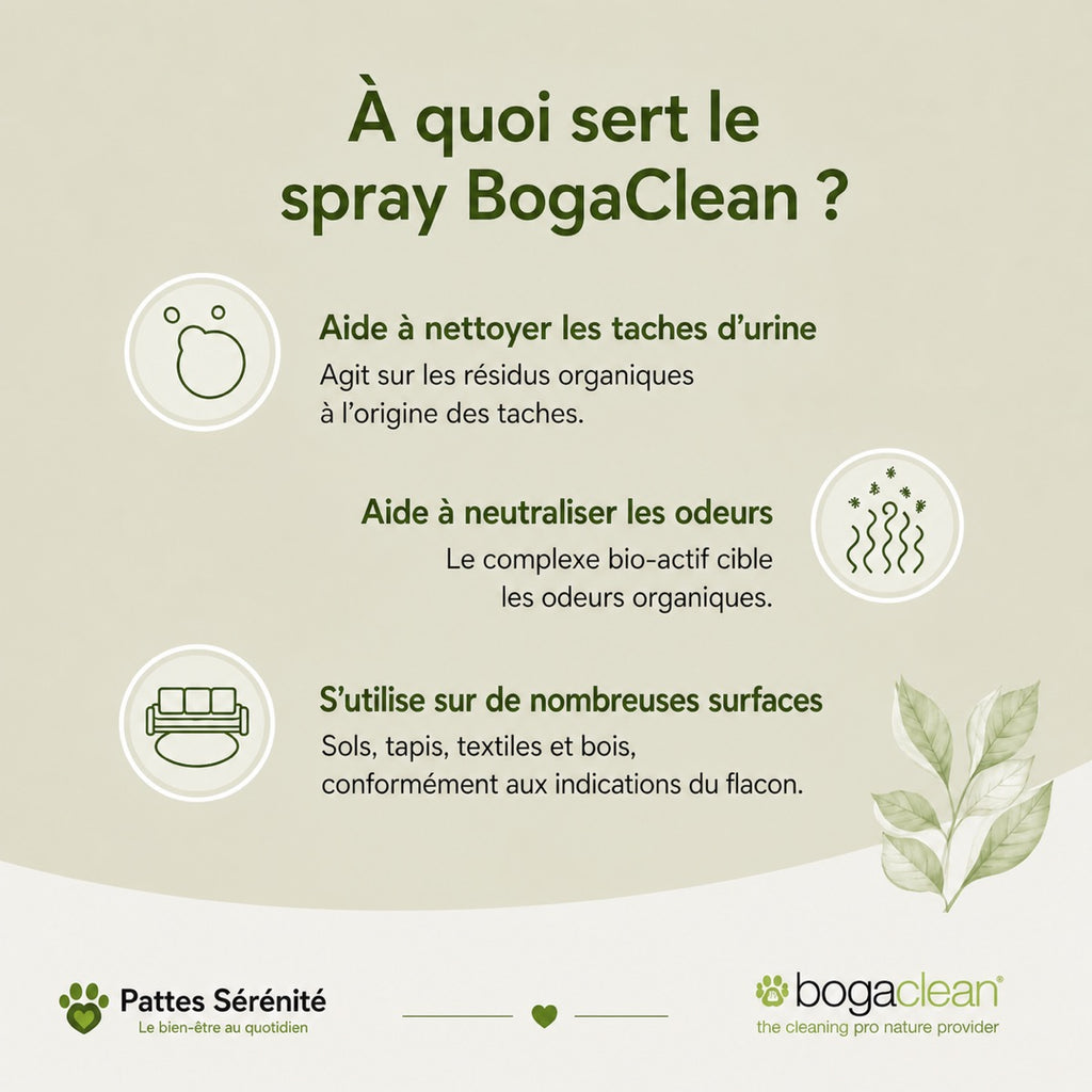 Usages du spray BogaClean pour les taches d’urine, les odeurs organiques et les surfaces adaptées