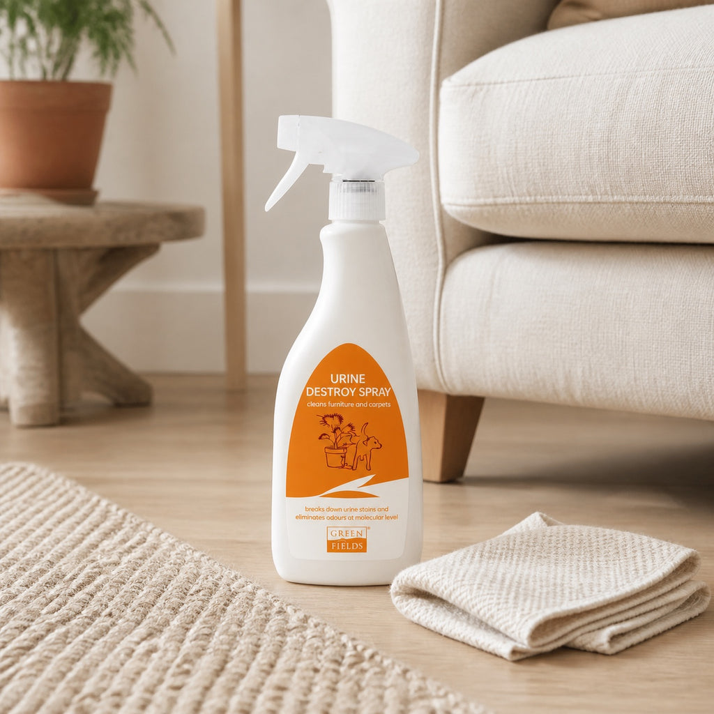Spray anti-odeur urine chien Greenfields près d’un tapis et d’un canapé