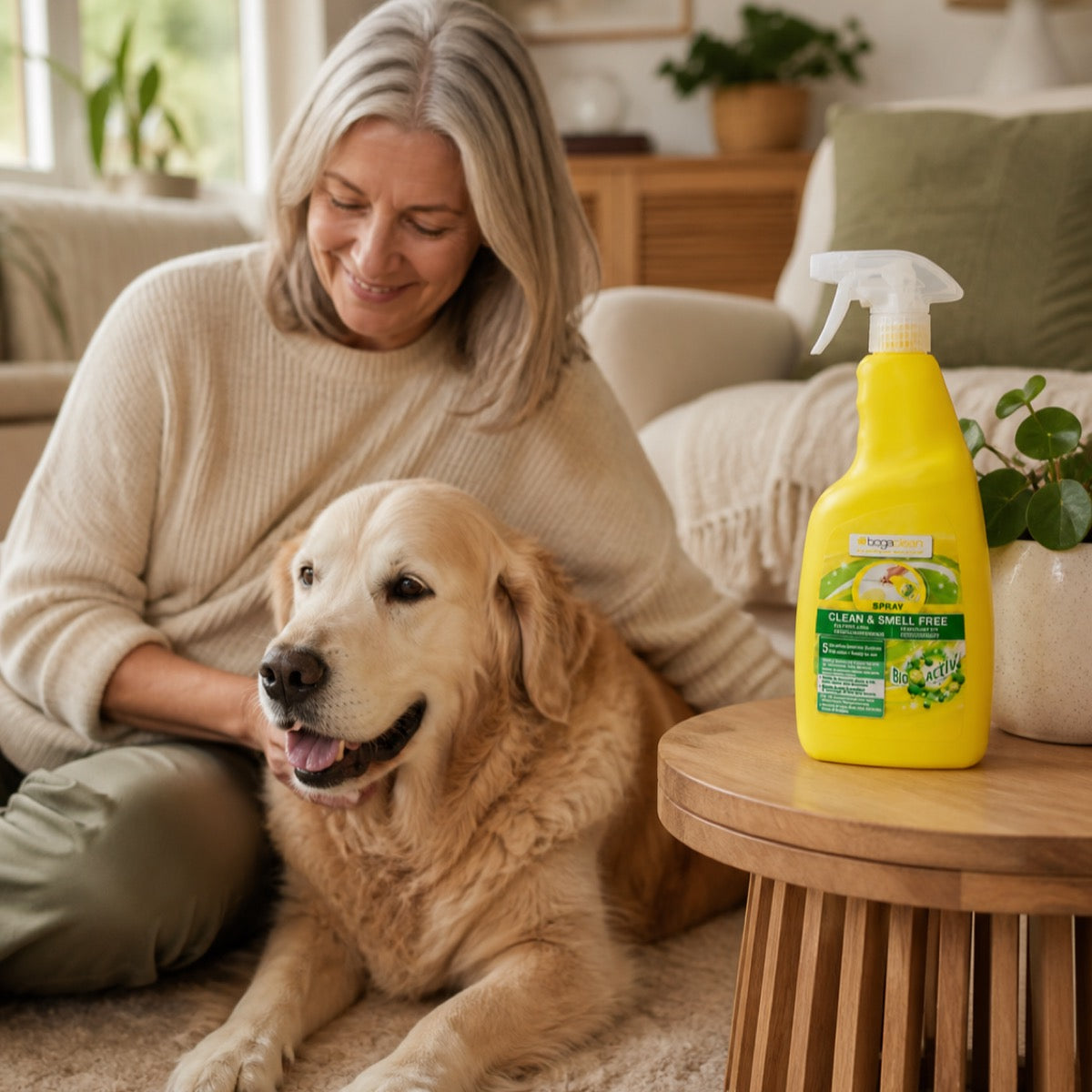 Chien senior avec son propriétaire et spray BogaClean dans un intérieur apaisant