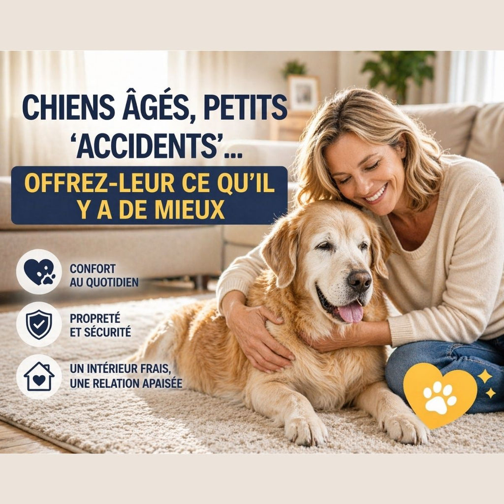 Chien âgé avec sa propriétaire à la maison, solution pour petits accidents et odeurs d’urine, confort et hygiène au quotidien