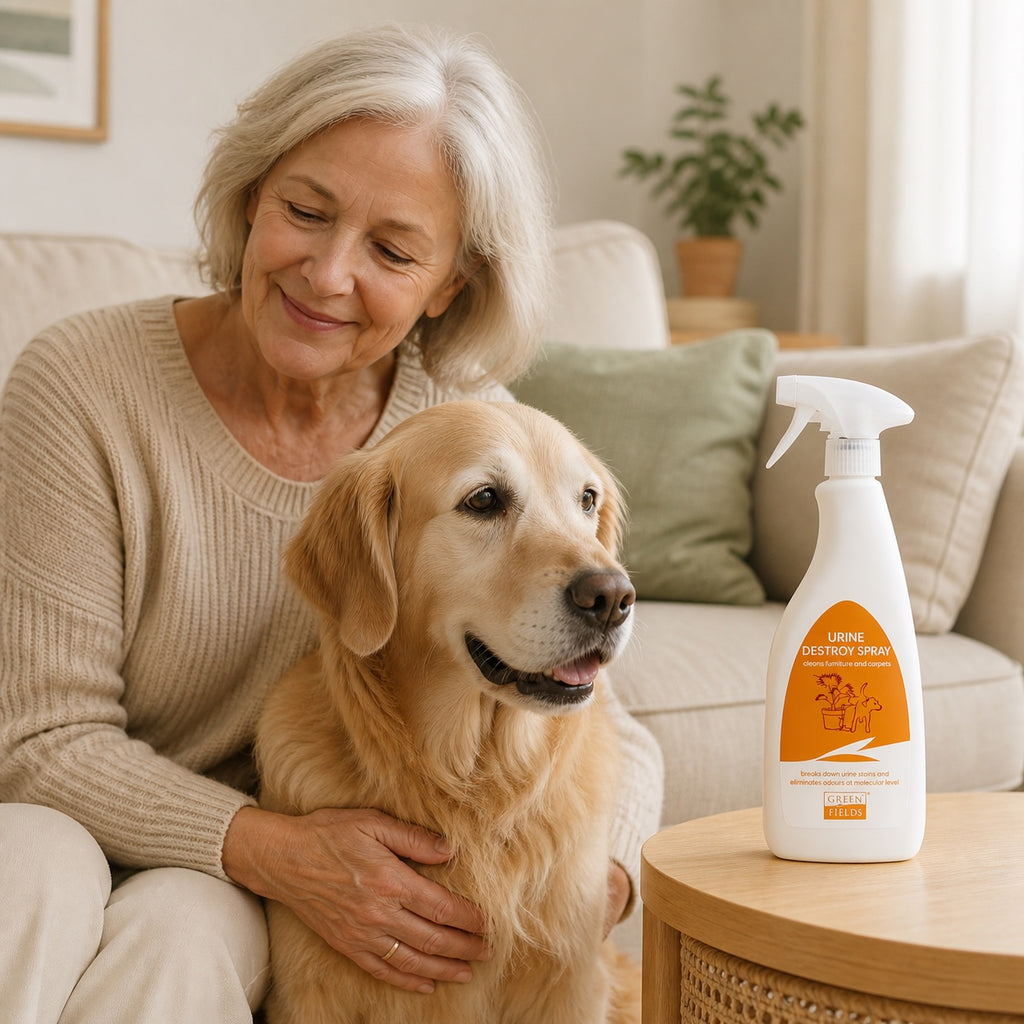 Spray anti-odeur urine chien Greenfields avec une personne et son chien senior
