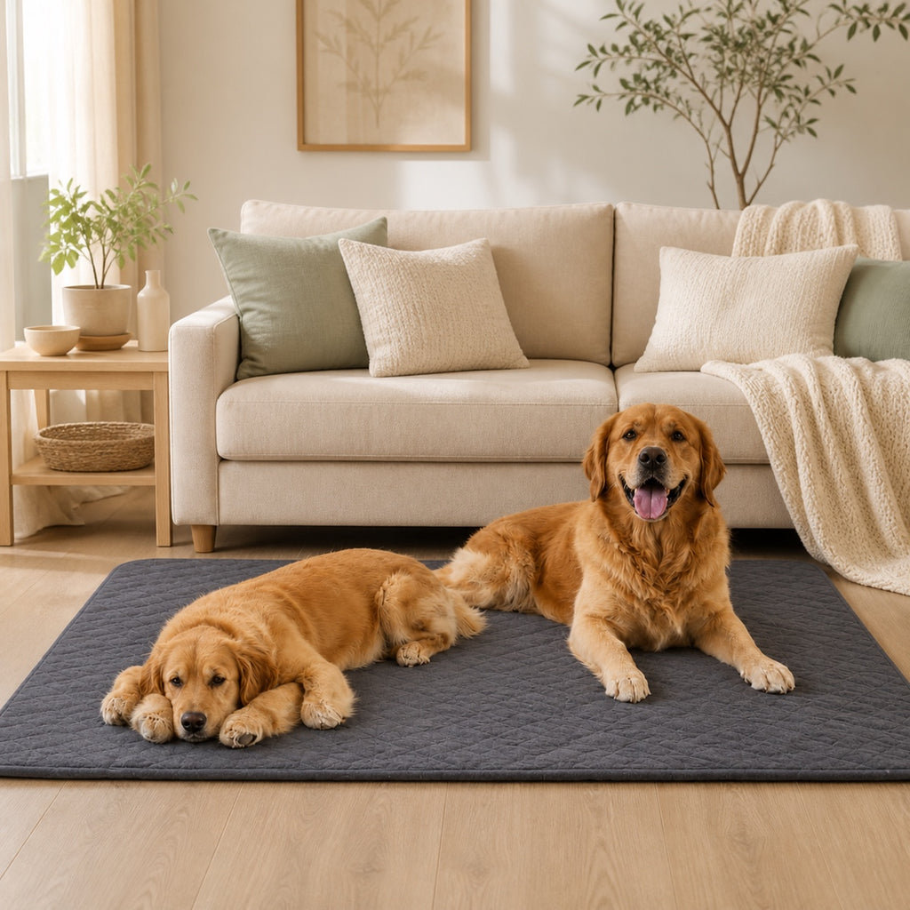 Tapis imperméable gris pour chien dans un salon