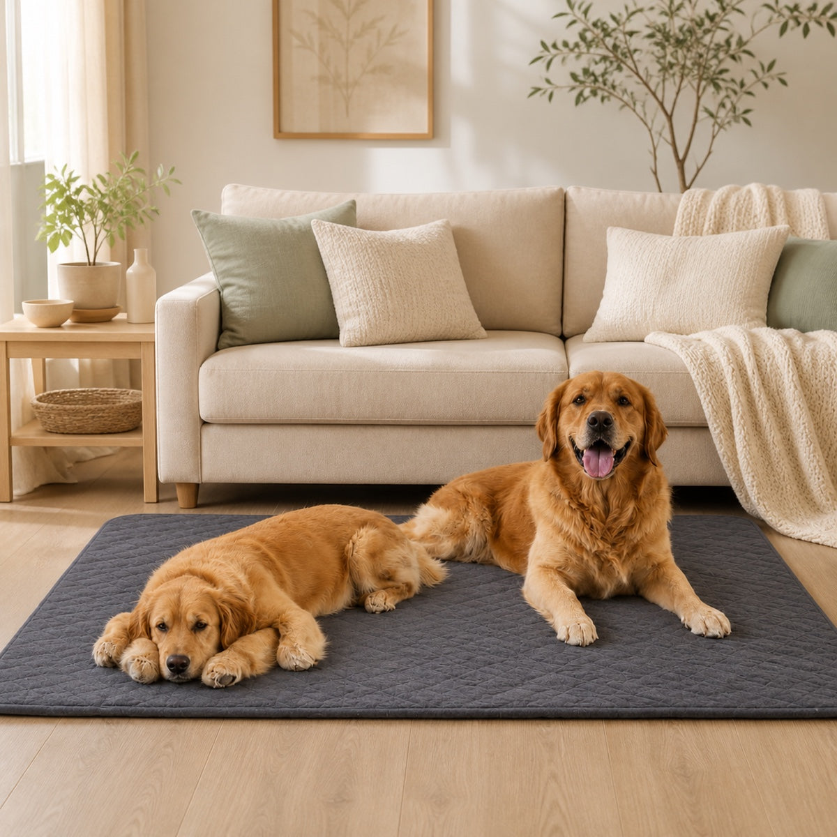 Tapis imperméable gris pour chien dans un salon