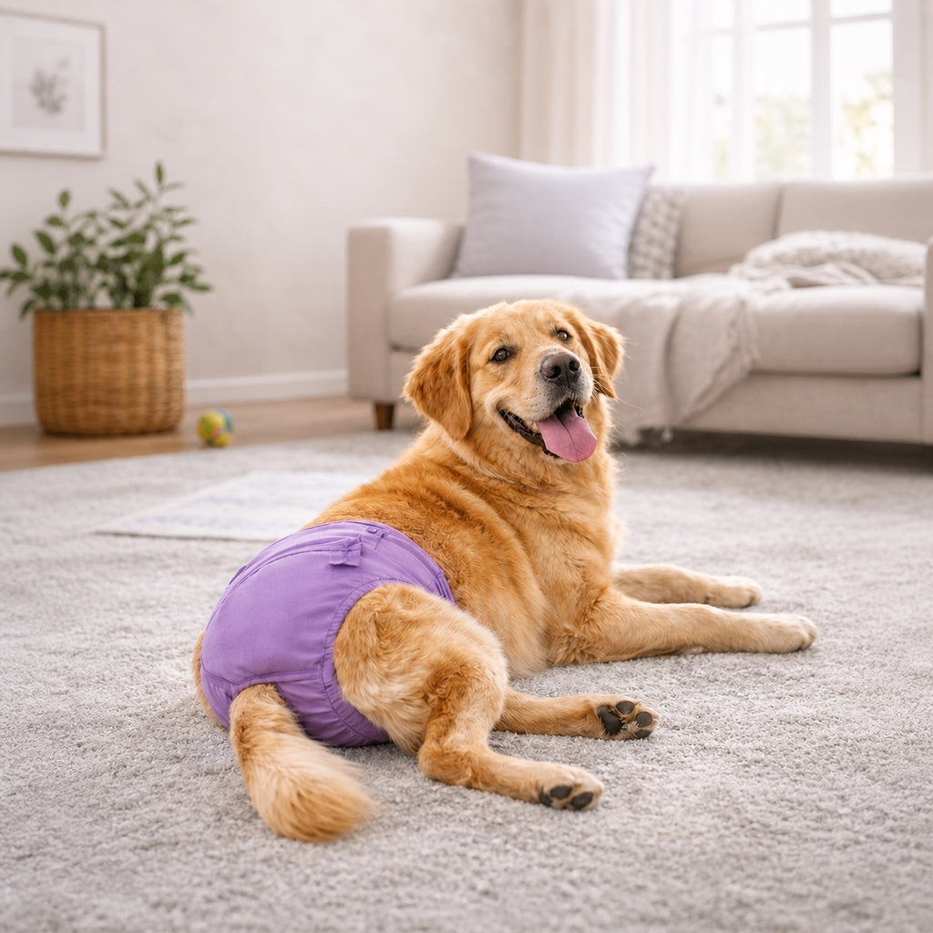 Chienne portant une culotte lavable anti-fuite confortable à la maison