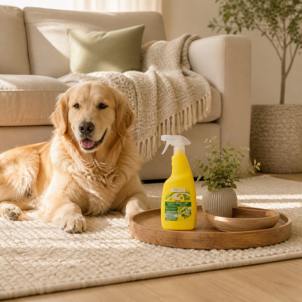 Spray BogaClean près d’un chien sur tapis, textile et sol intérieur