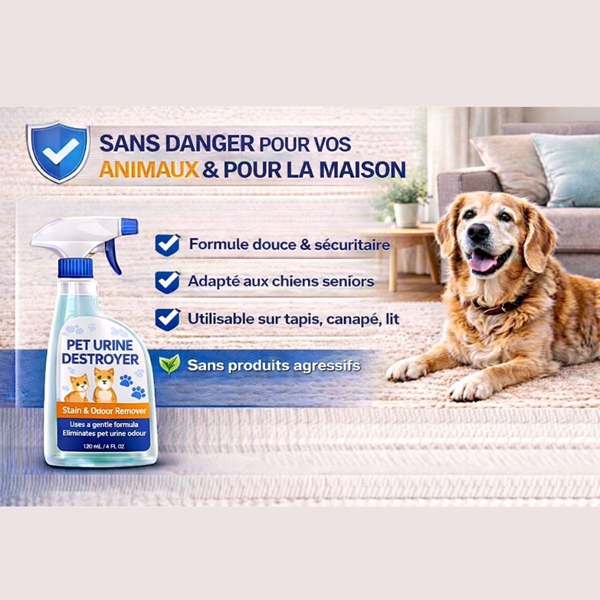Spray anti-odeur chien sans danger pour animaux maison formule sûre et efficace