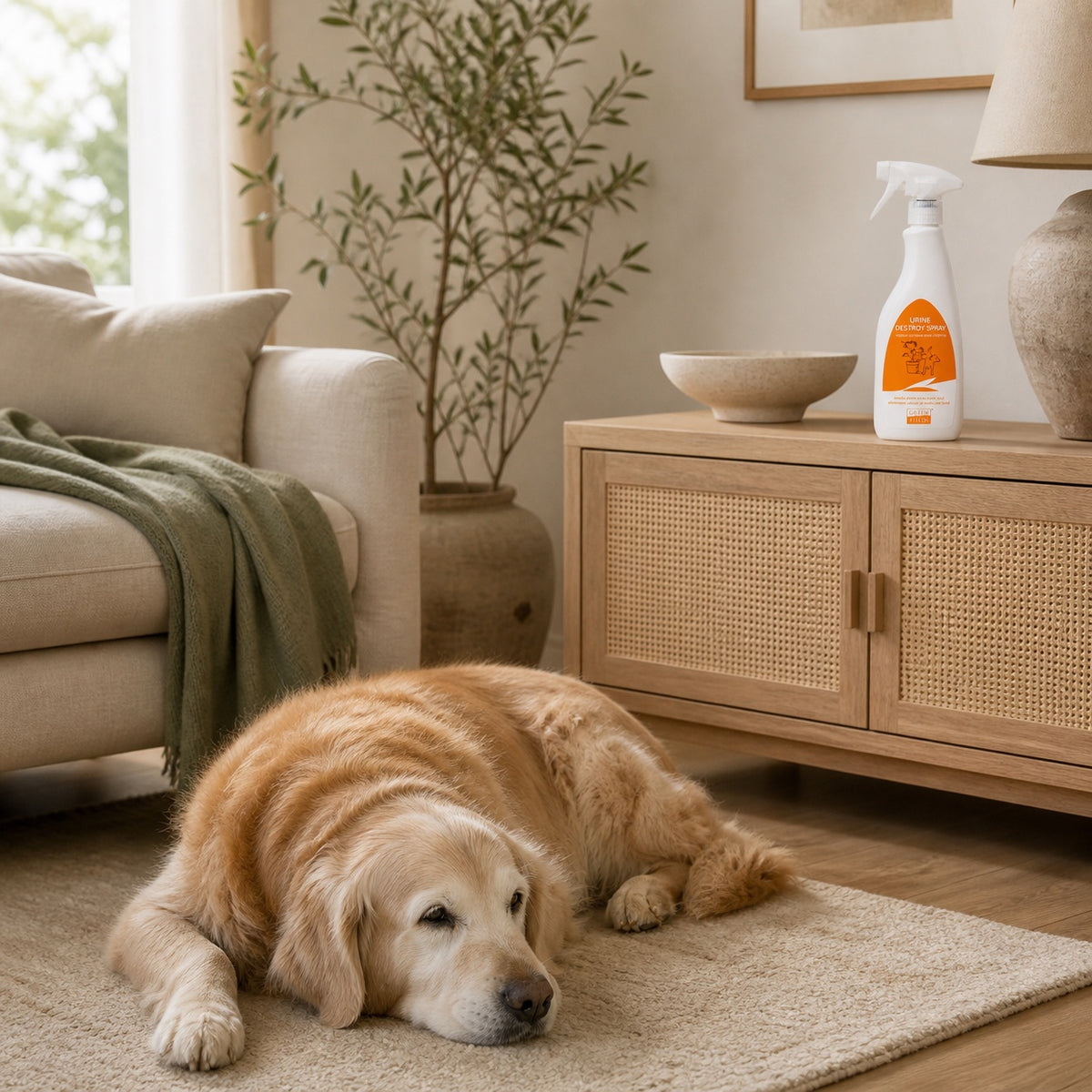Spray anti-odeur urine chien Greenfields dans un salon apaisant avec chien senior