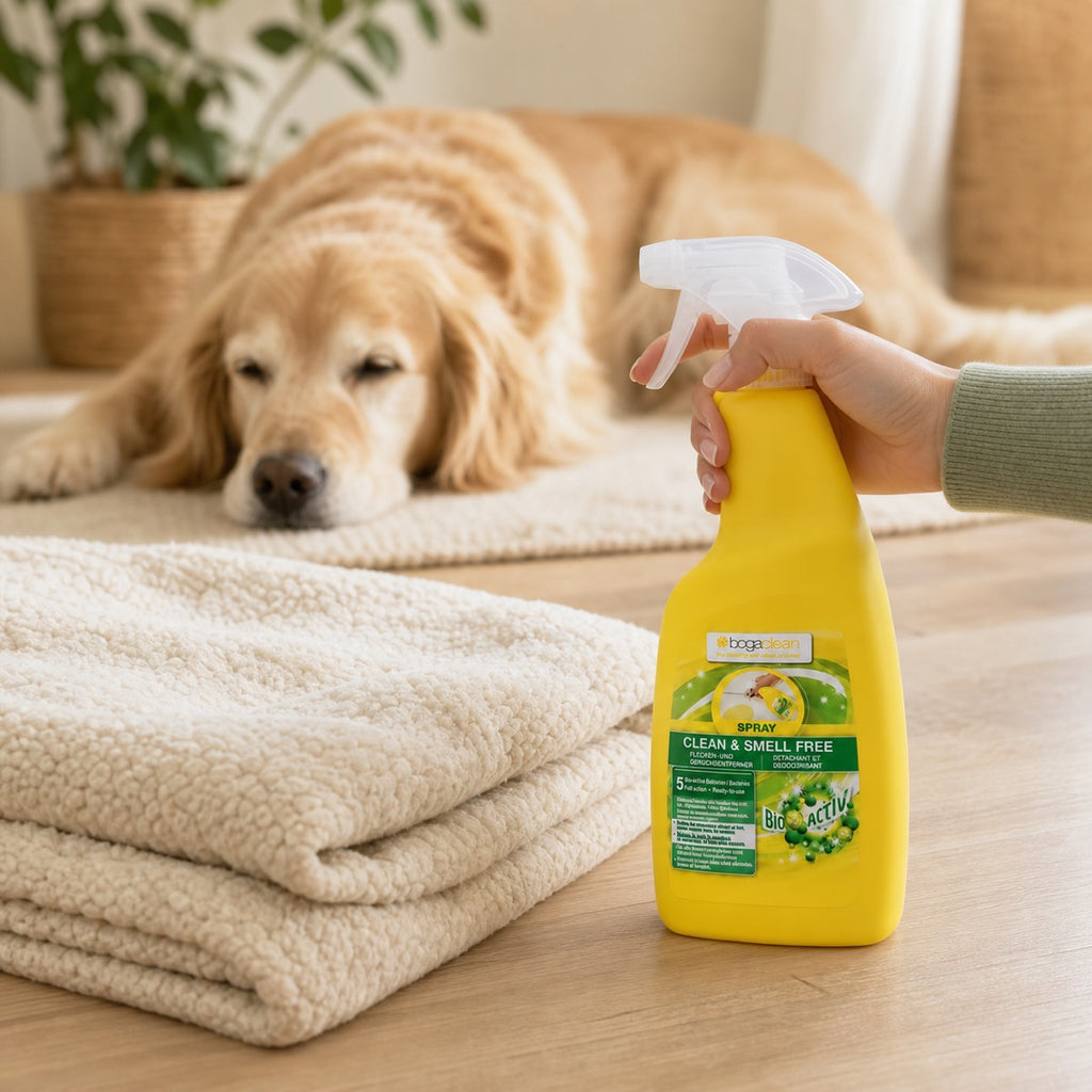 Spray BogaClean prêt à l’emploi près d’une couverture pour chien
