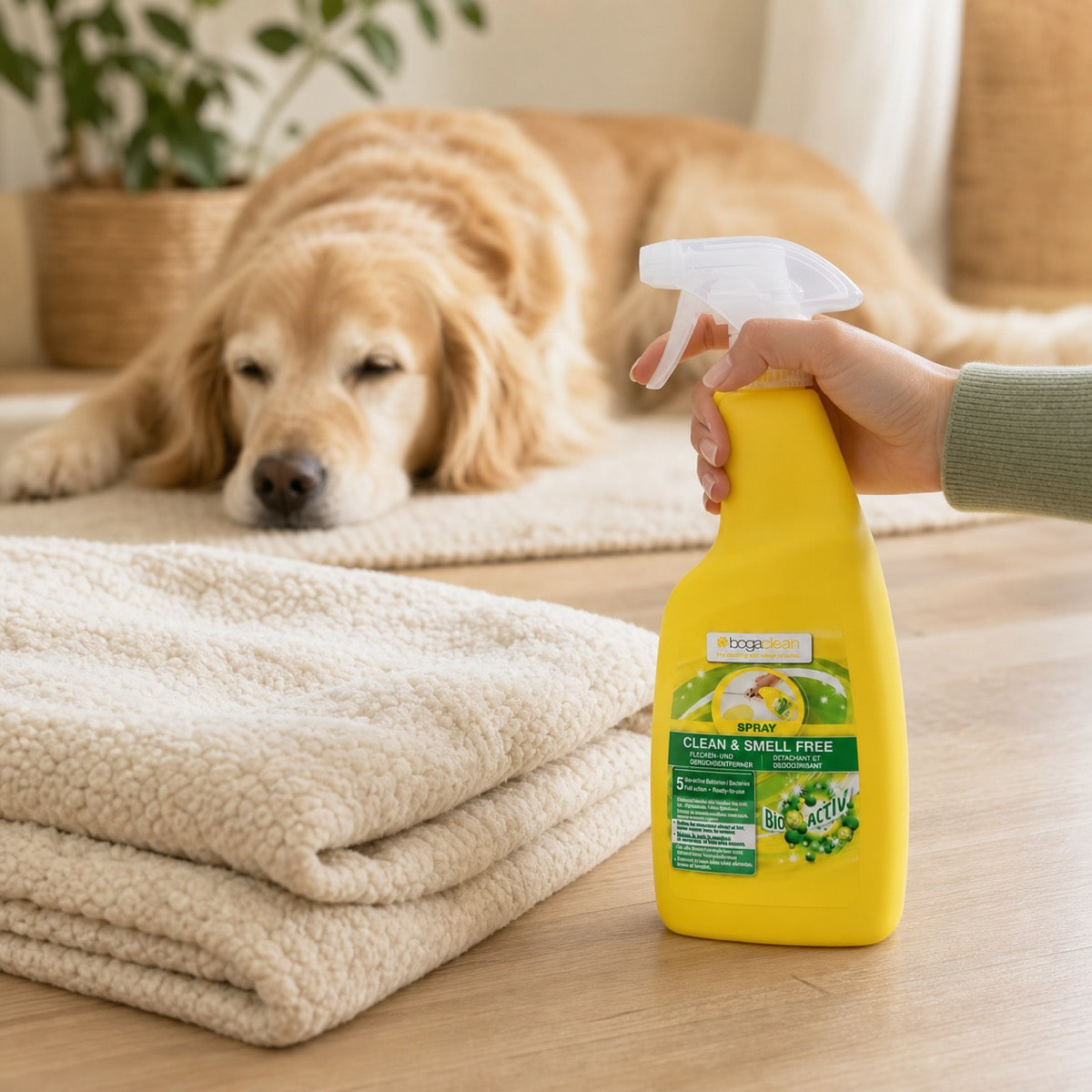 Spray BogaClean prêt à l’emploi près d’une couverture pour chien
