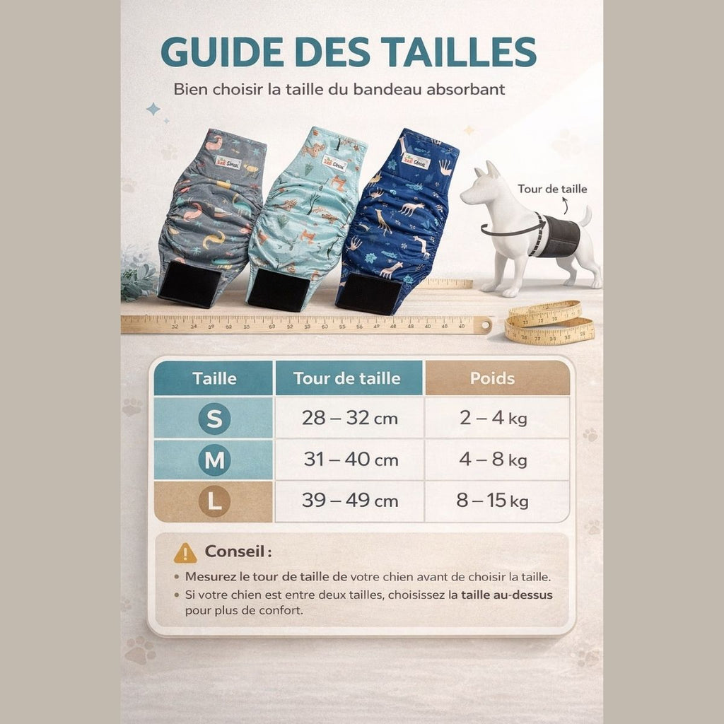 guide des tailles bandeau absorbant  chien mâle choisir taille culotte chien