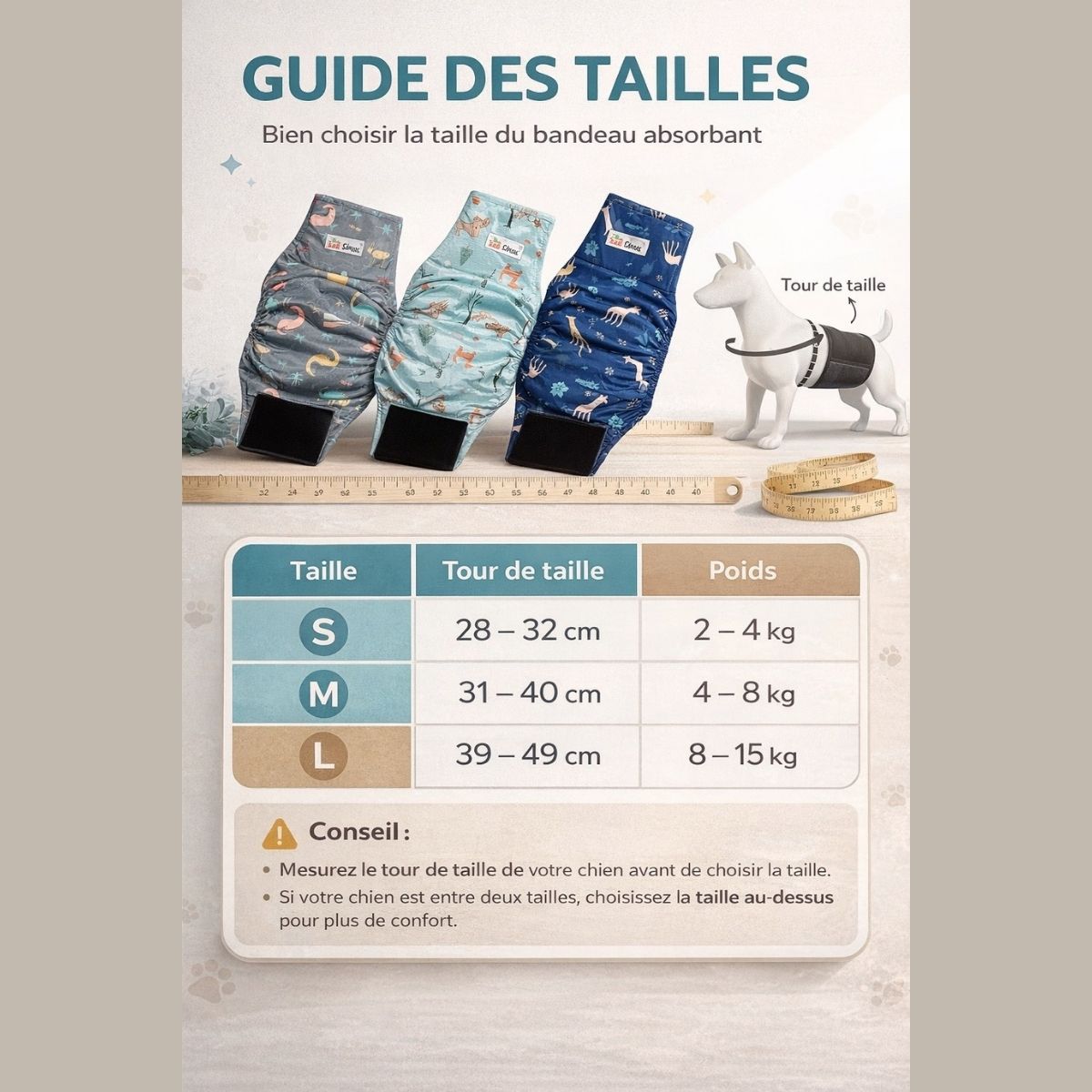 guide des tailles bandeau absorbant  chien mâle choisir taille culotte chien