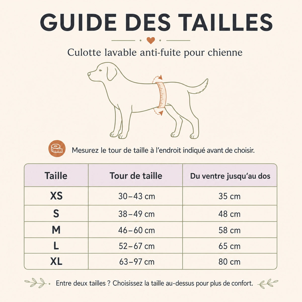 Guide des tailles de la culotte lavable pour chienne en centimètres