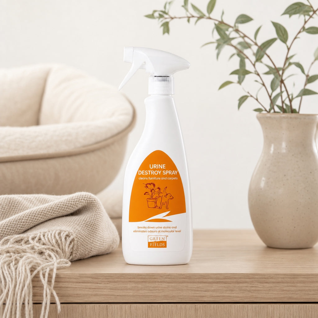 Flacon de spray anti-odeur urine chien Greenfields dans un intérieur chaleureux