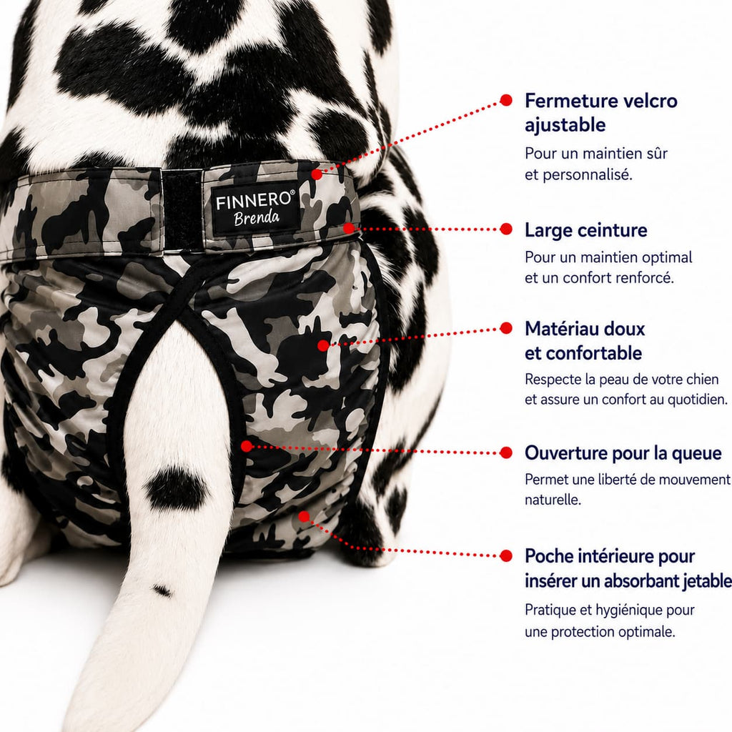 Culotte Brenda anti-fuite lavable pour chienne avec fermeture Velcro réglable – vue arrière