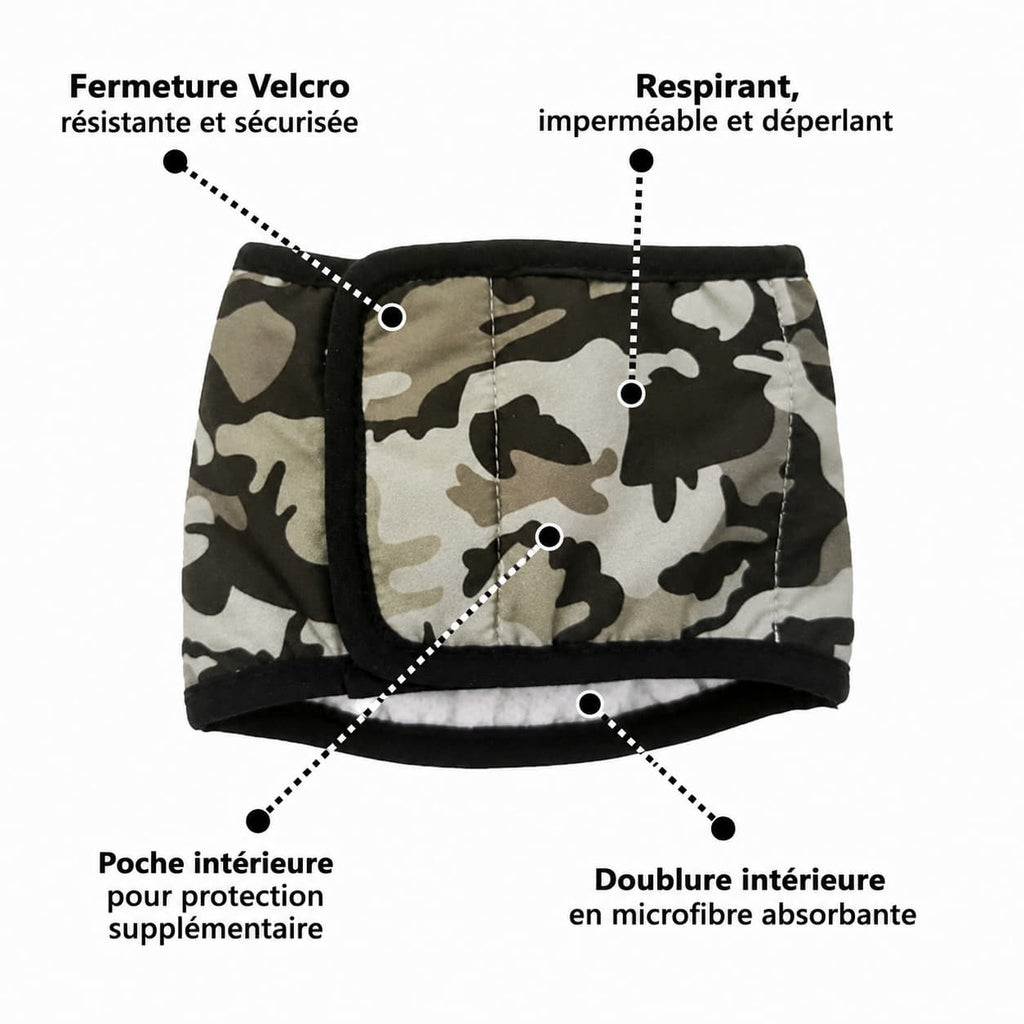 Bande ventrale JustinCase avec fermeture Velcro, tissu respirant et poche intérieure.