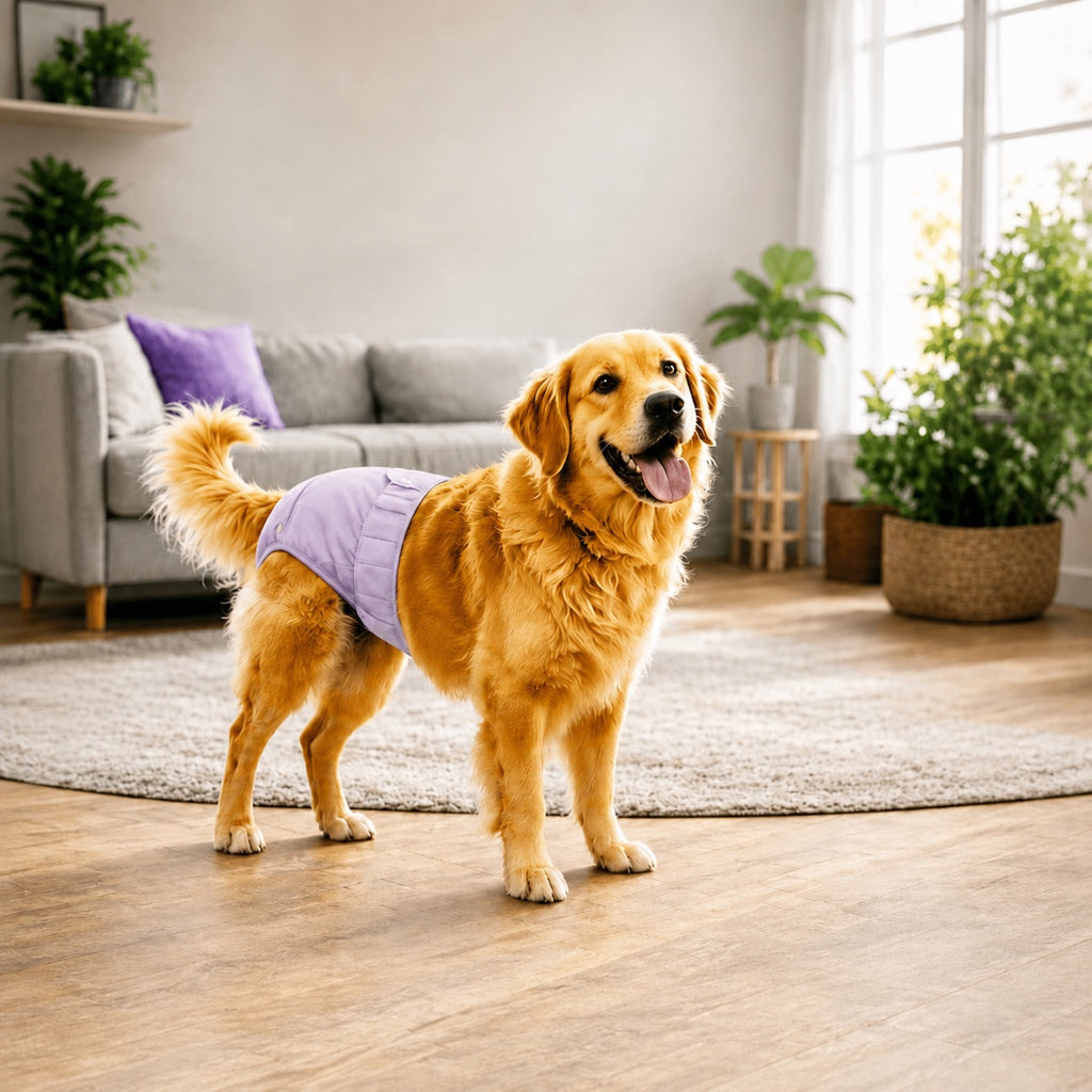 Chienne portant la culotte lavable anti-fuite mauve pastel