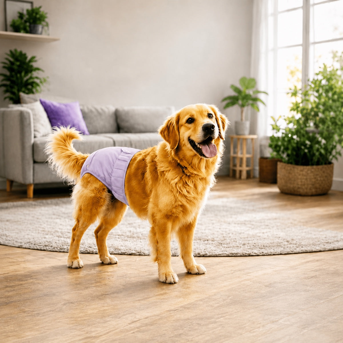 Chienne portant la culotte lavable anti-fuite mauve pastel