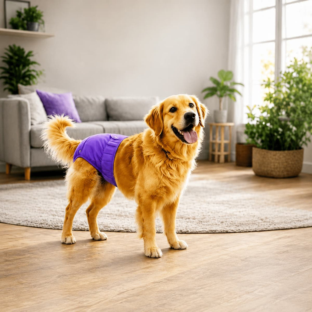 Chienne portant une couche lavable anti-fuite pour chaleurs et incontinence-mauve