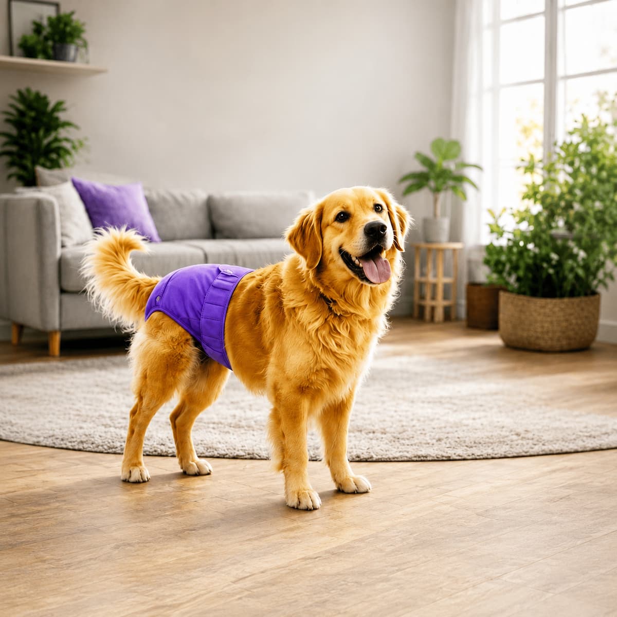 Chienne portant une couche lavable anti-fuite pour chaleurs et incontinence-mauve