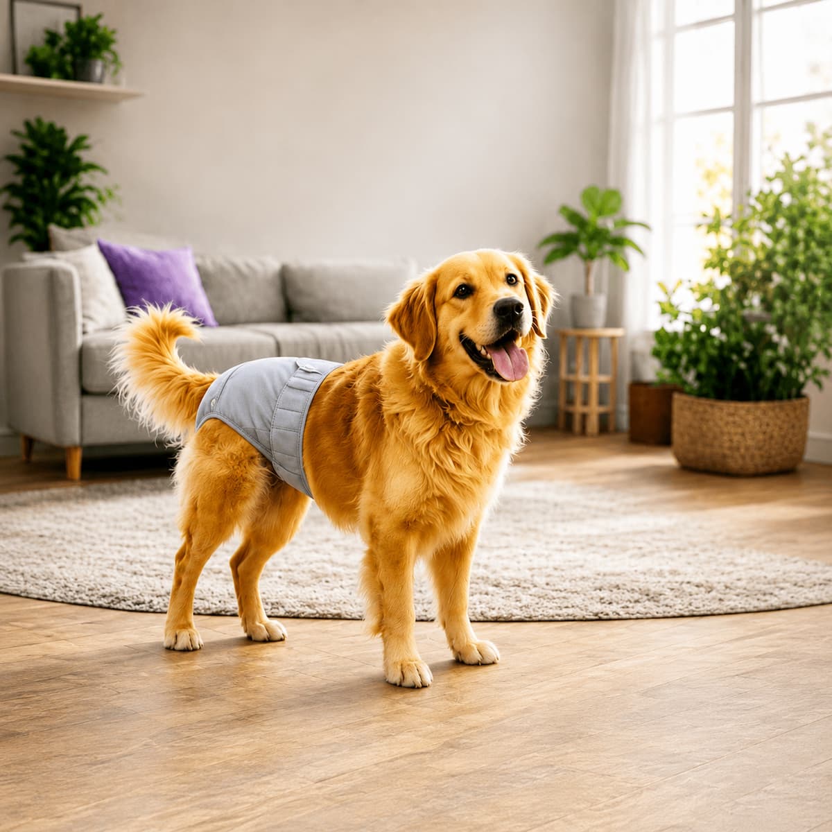 Chienne portant une couche lavable anti-fuite pour chaleurs et incontinence-gris