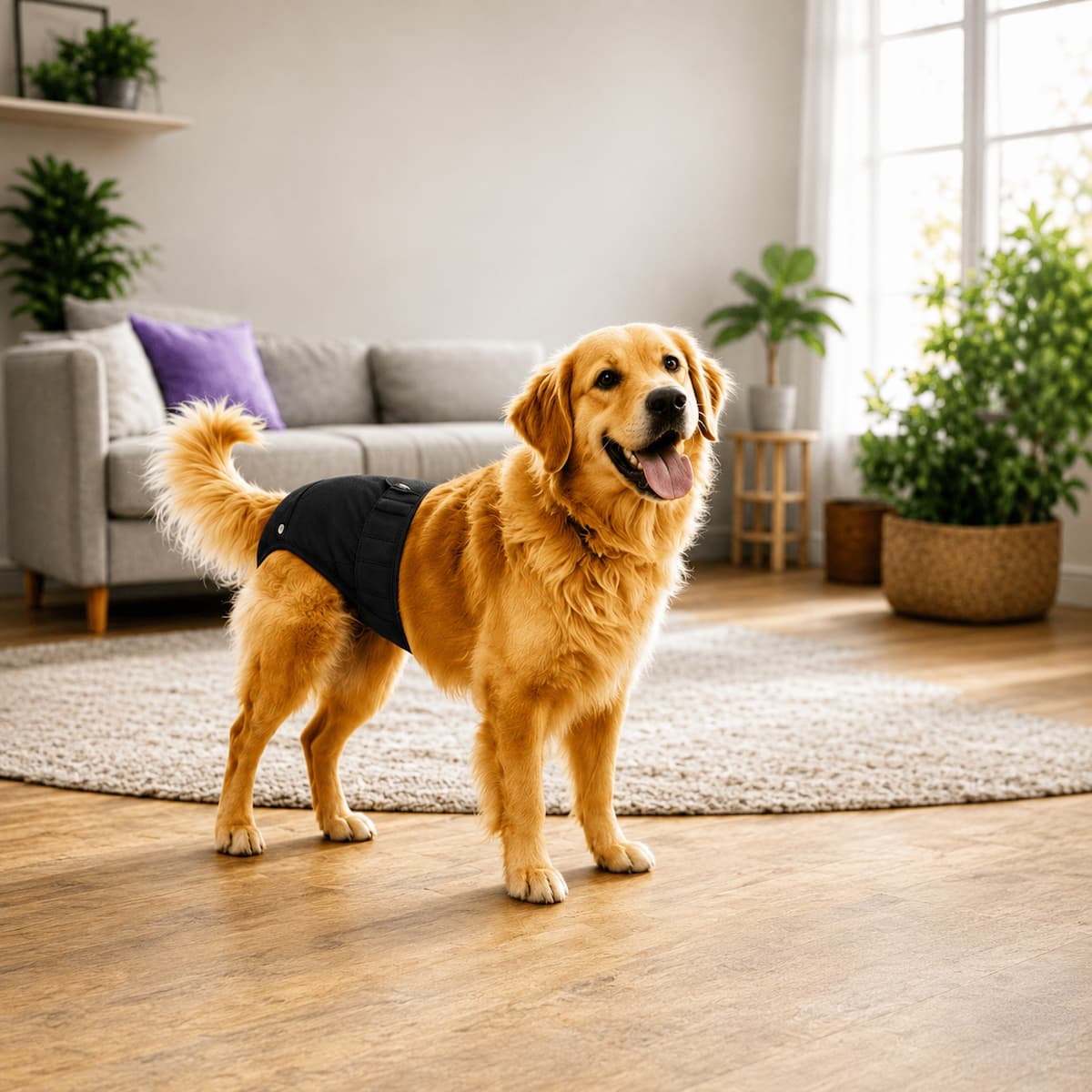 Chienne portant une couche lavable anti-fuite pour chaleurs et incontinence-noir