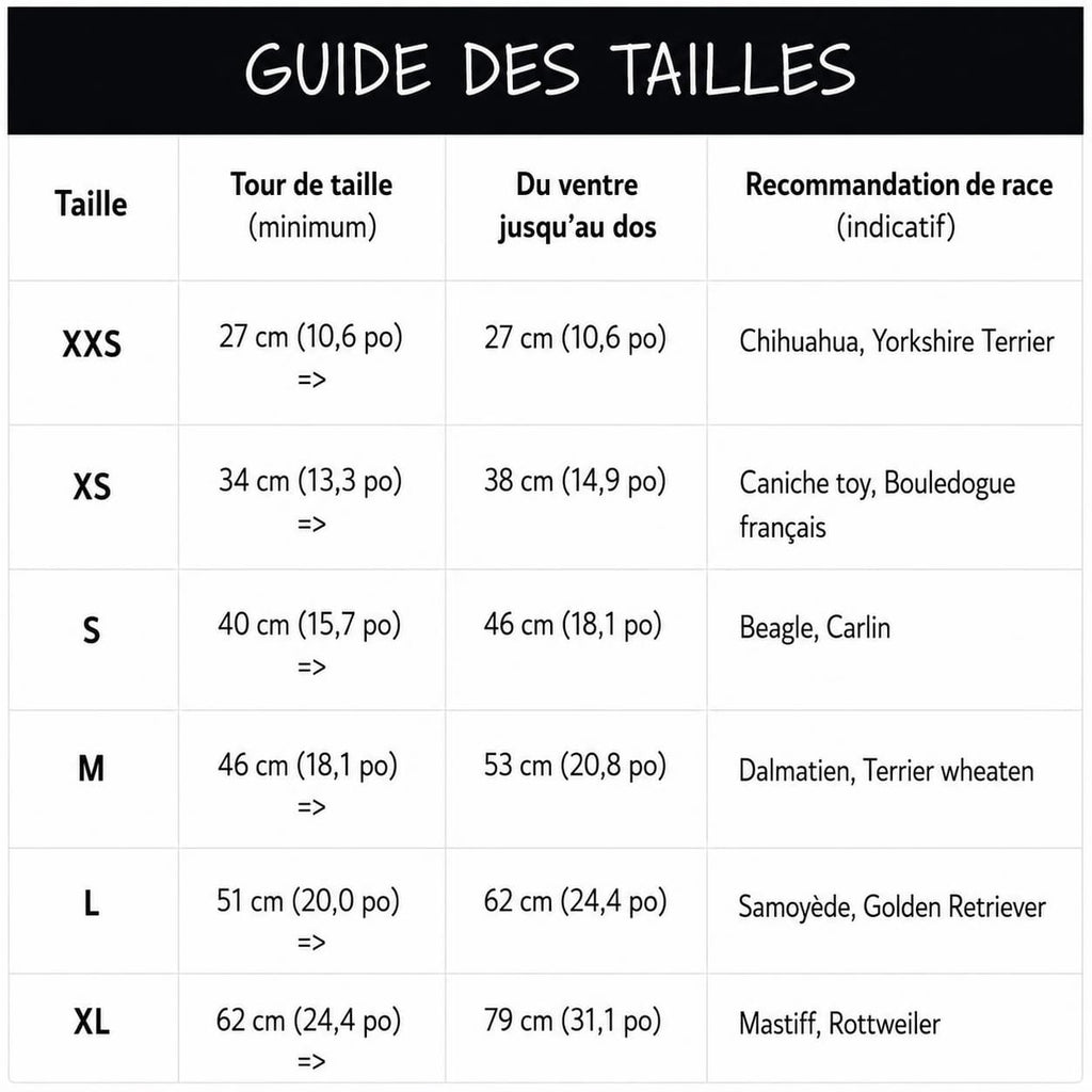 Guide des tailles de la culotte Brava pour chien.
