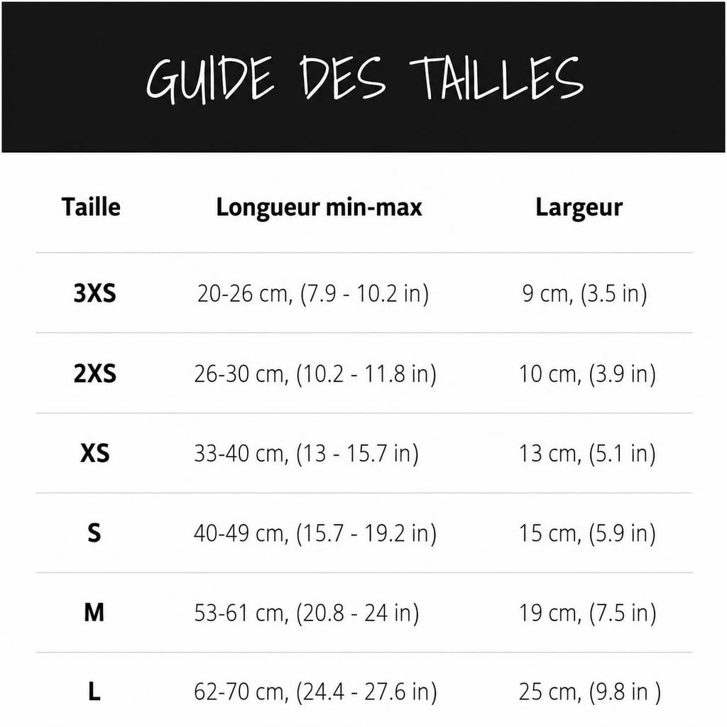 Guide des tailles de la bande ventrale JustinCase pour chien mâle.